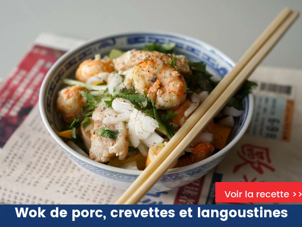 Wok de porc, crevettes et langoustines
